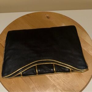 Lyla Black Leather Clutch with Gold Trim